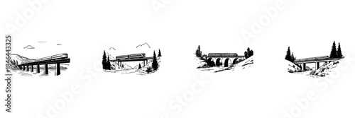 Train On Bridge Doodle Sketch Set. Scenic Railway Journeys And Transportation Infrastructure In Hand Drawn Style Collection. Nature And Travel. Isolated Vector Illustration