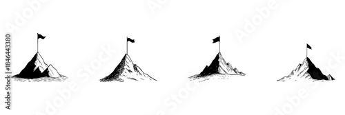Mountain Peaks With Flags Doodle Sketch Set. Achievement, Success, And Goal Setting In Hand Drawn Style Collection. Symbolizing Ambition And Triumph. Isolated Vector Illustration