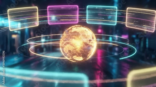 World Orb Spinning Inside a Neon Ring With Digital Screen Windows