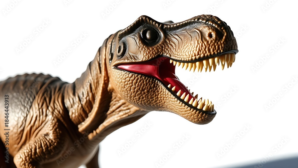 Fototapeta premium Close-up of a textured dinosaur figurine with dramatic shadows on white.