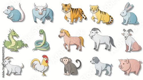 Cute Cartoon Zodiac Animals Set with Shadow Effect