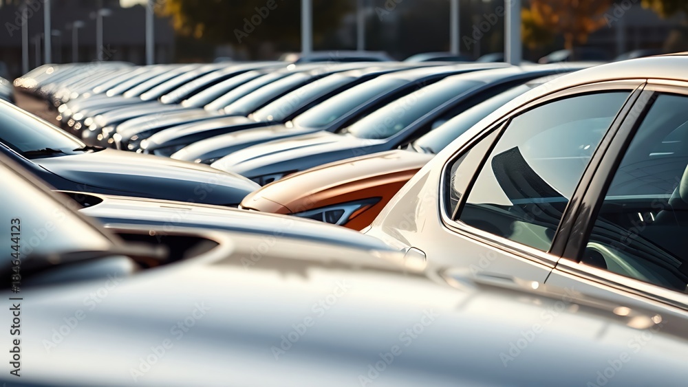 Fototapeta premium A lineup of sleek cars displayed in a spacious dealership under natural light.