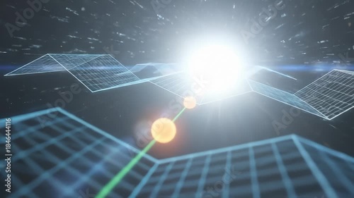 Energy Flowing Through Solar Panel Wireframe Grid Network