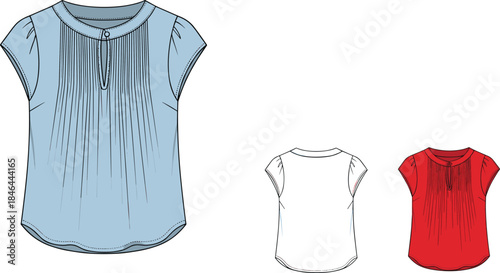 Women blouse fashion vector illustration, short sleeve pleated top design, round neckline with button closure, front and back view garment template