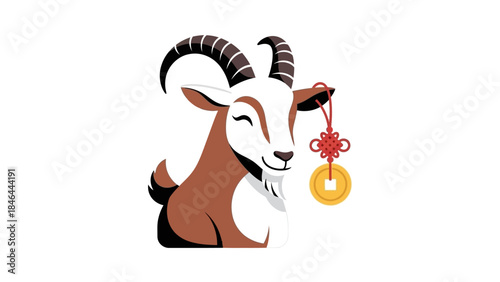 Cartoon goat with Chinese coin for lunar new year celebration