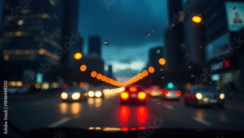 Nighttime city driving view through a windshield, urban lights and reflections.