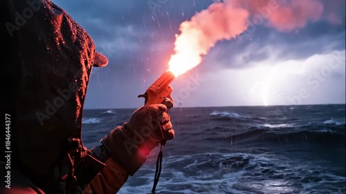 Person Firing Flare Gun at Sea During Storm With Lightning Flashes