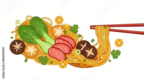 Colorful Asian noodle dish with vegetables and chopsticks on white background