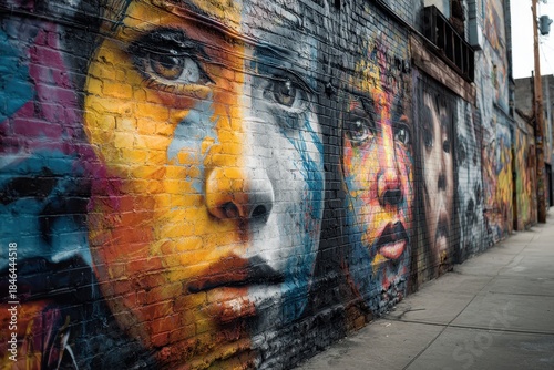 Vibrant urban street mural showcasing bold spray paint art in a lively city alley during daylight