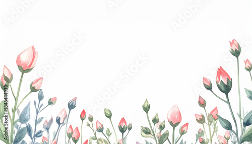 Tiny watercolor flower bud border, hand-painted with ink outlines, pastel palette, isolated on white