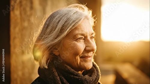 Senior Woman Smiling Outdoors During Golden Hour With Scenic View