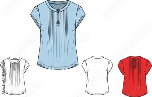 Women’s blouse fashion vector illustration, front and back views, pleated design, round neckline, short sleeves, garment construction, clothing template, apparel design reference