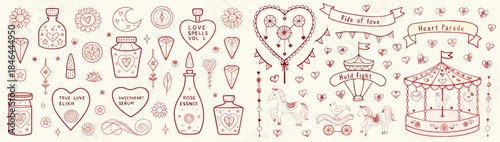 Whimsical Valentine's Day illustrations with love potions and carousel