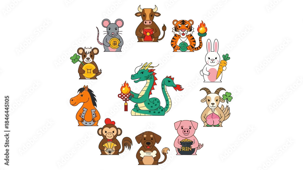 Fototapeta premium Cute Zodiac Animals in a Circular Arrangement on White Background