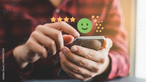 Customer's Glowing Review: A close-up shot captures the hand of a person interacting with a mobile phone, a five-star rating and a smiley face floats above.