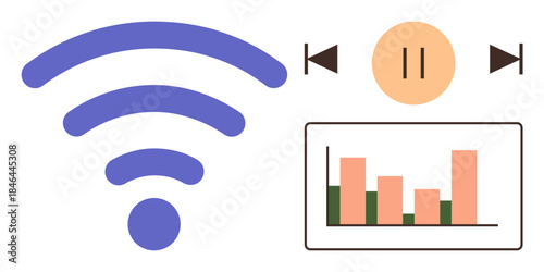 wireless signal icon, bar chart on screen, and media playback controls. Ideal for communication, streaming, technology, data analysis, remote work productivity education. Simple flat metaphor