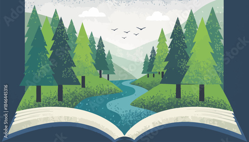 Serene forest landscape emerges from open book pages