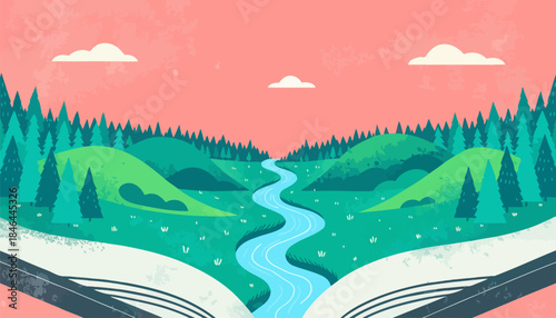 Serene landscape with winding river and green hills emerges from open book