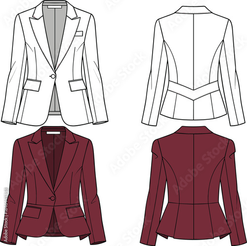 Women’s tailored blazer fashion illustration, front and back views, vector line art, garment construction, clothing design, dark red jacket, apparel template