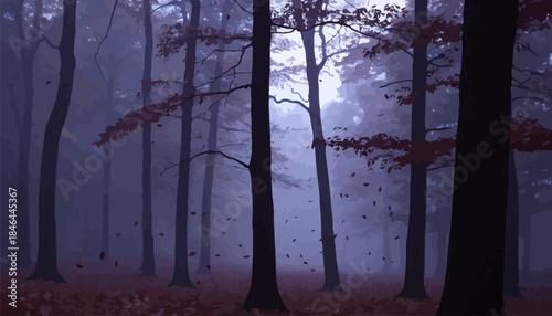 Mysterious forest landscape with tall trees and autumn leaves