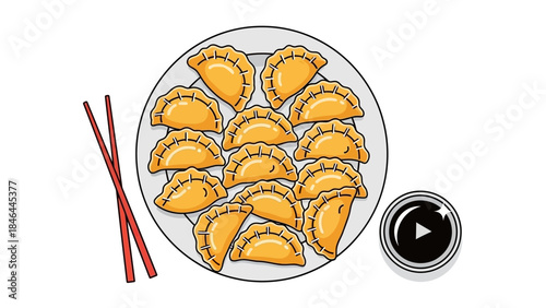Illustration of dumplings on a plate with chopsticks and soy sauce