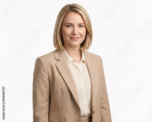 Confident businesswoman in beige suit smiling
