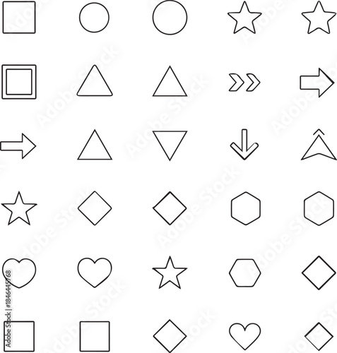 Create Bullet points. List icon set with geometric shapes, arrows, stars, hearts in outline style. Minimal user interface elements for apps, websites, infographics. Isolated vector bullet point collec