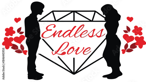 Couple silhouettes standing close inside a diamond with hearts and flowers around them symbolizing endless love