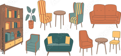 Mid-century modern living room furniture collection, sofa, armchair, coffee table, and bookcase vector set