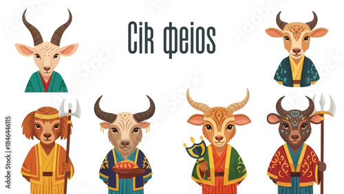 Set of Cartoon Zodiac Goat Characters in Traditional Costumes