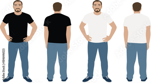 Standing man in t-shirt and jeans, front and back view, black and white clothing mockup set