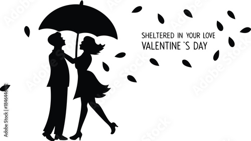 Couple standing under umbrella with floating petals on white background on valentine's day
