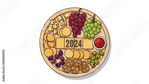 Colorful 2024 Snack Platter with Grapes, Cheese, and Crackers