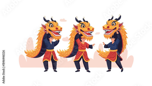 Traditional Dragon Dance with Performers in Vibrant Costumes