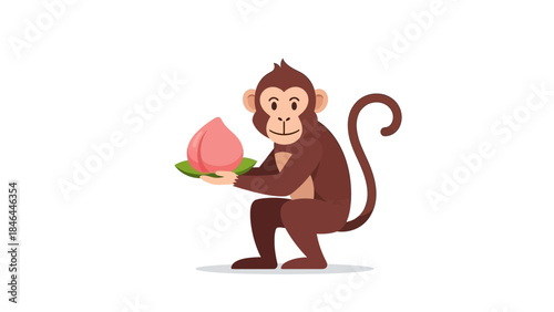 Cute cartoon monkey holding a peach on white background