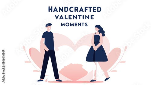 A couple stands in front of a pink heart on a layered background with cutout style silhouettes