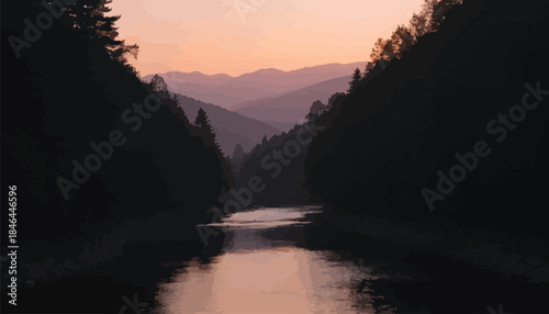 Serene river flowing through dark forest at sunset