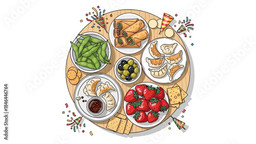 Festive party platter with assorted snacks and appetizers on wooden board