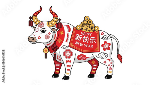 Decorative Chinese New Year Ox Illustration with Festive Symbols