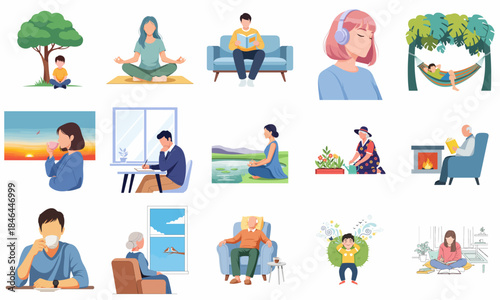 Colorful Flat Style People Engaged in Relaxing Hobbies and Leisure Activities Illustration