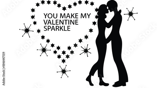 Couple embracing surrounded by glowing particles and stars on valentine's day, romantic moment, vector illustration