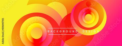 Abstract vibrant layers create dynamic circular shapes. Gradient colors blend from yellow to pink. Modern design element for backgrounds.