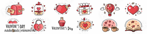 Valentine's Day cute stickers with heart shapes and symbols