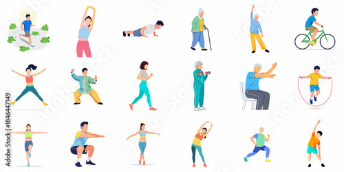 Flat Style Collection of Diverse People Doing Different Exercise Activities Illustration