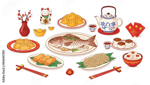 Traditional Chinese New Year Feast with Dumplings and Fish