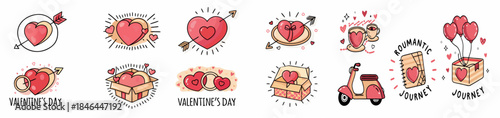 Valentine's Day heart icons and romantic journey illustrations