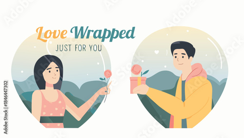 Illustration of a cute couple exchanging a rose and a gift wrapped in pink paper in heart shaped frames with mountains and love