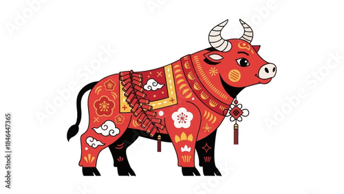 Decorative red ox illustration with traditional Chinese patterns