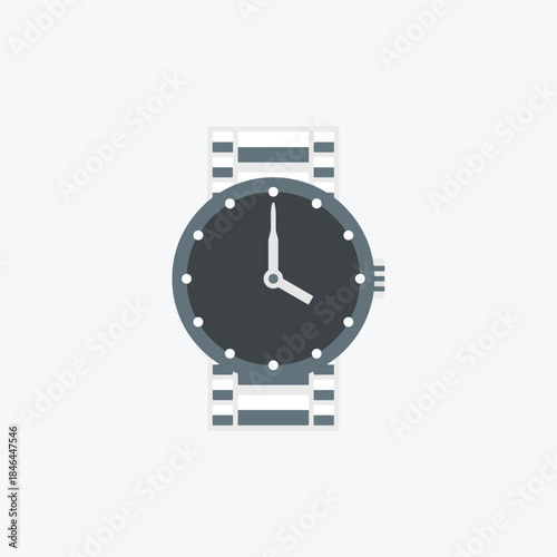 Simple flat design icon representing a classic analog wristwatch with a metal band clearly visible