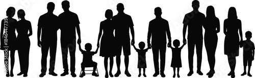 Silhouettes of Diverse Family Groups Including Adults, Children, and Wheelchair User Depicting Unity, Inclusion, and Social Relationships